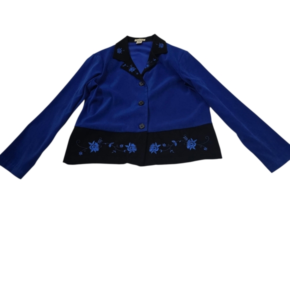 Notations Blue Black Faux Suede Floral Embroidered Jacket Art To Wear Retro L - Picture 3 of 13